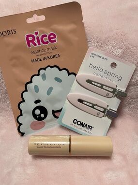 Rice Essence Mask, Hello Spring Hair Clips and Revolution Foundation Stick F4